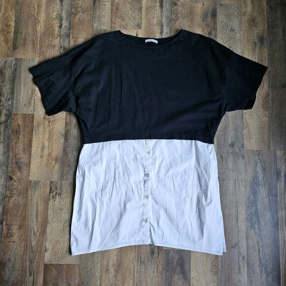 Zara Tops - Zara Mixed Media Hybrid Top Black White Button Down T-Shirt Tunic Techwear Small